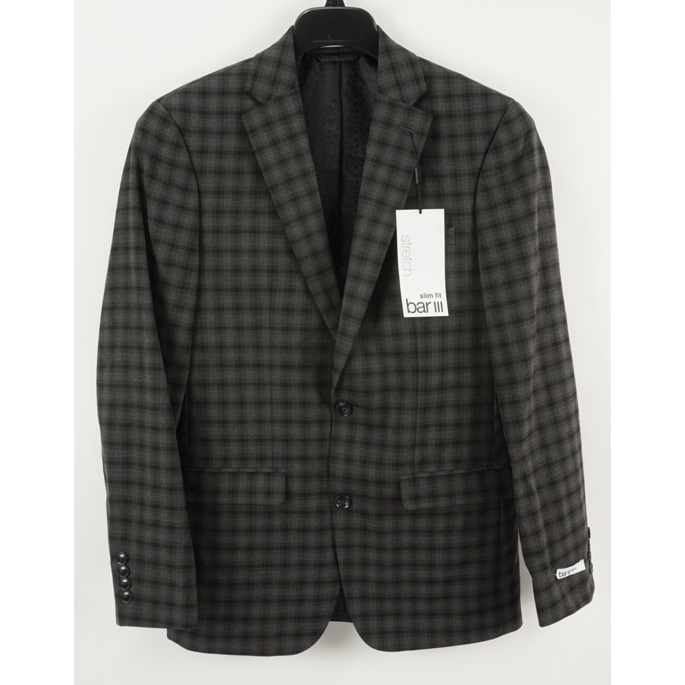 New $425 Bar III Men's 36R Slim Gray Brown Plaid Stretch Performance Suit Jacket